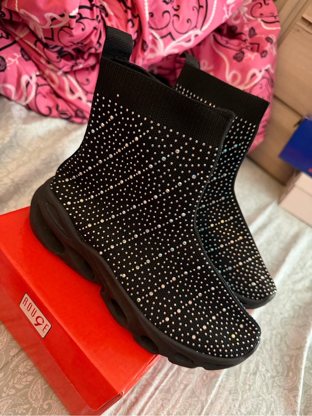 Rouge! Black Rhinestone Sock Ankle Boots